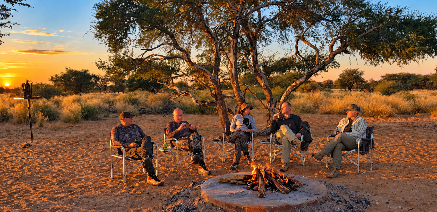 Guests and hosts around the campfire at sunset