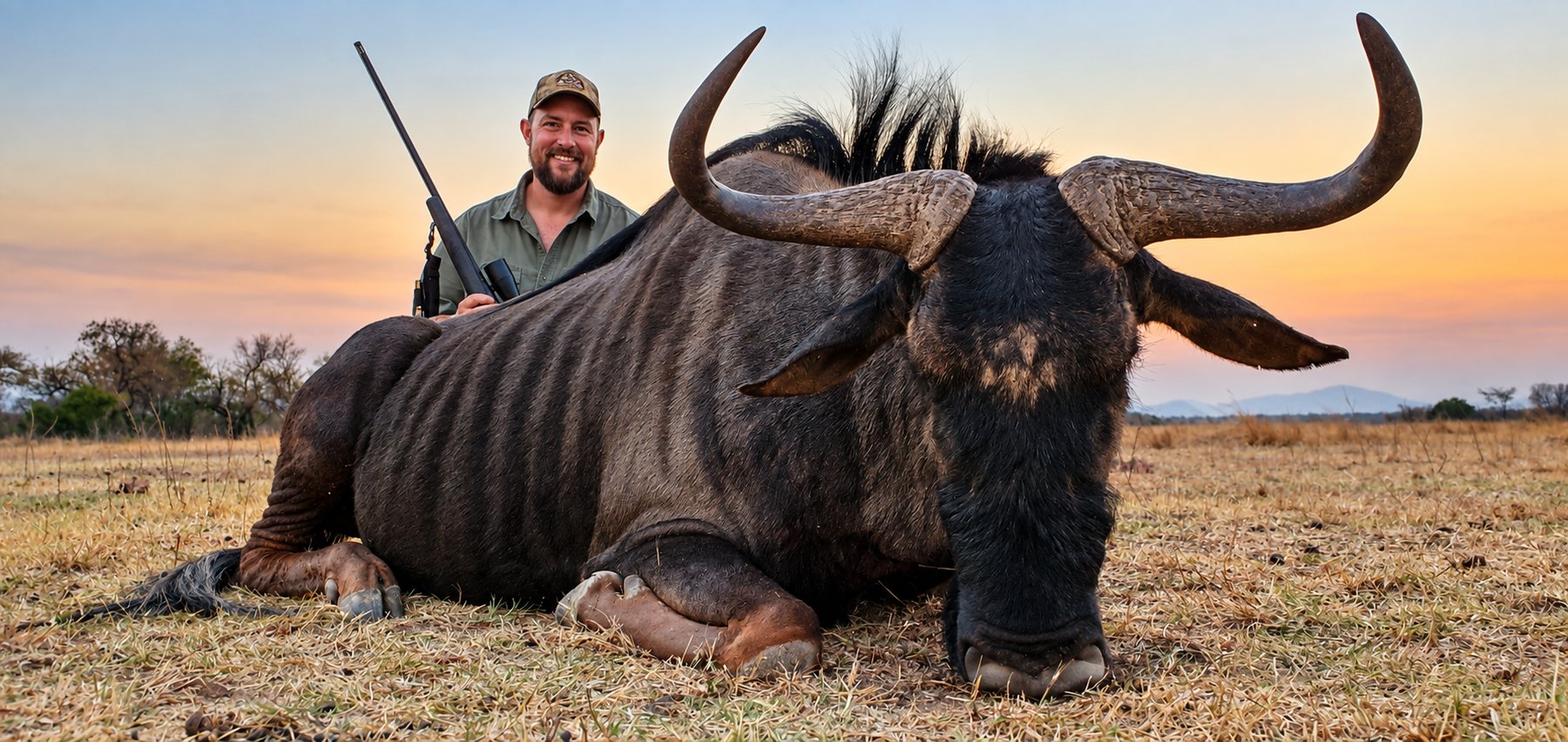 Blue wildebeest trophy hunt at golden hour