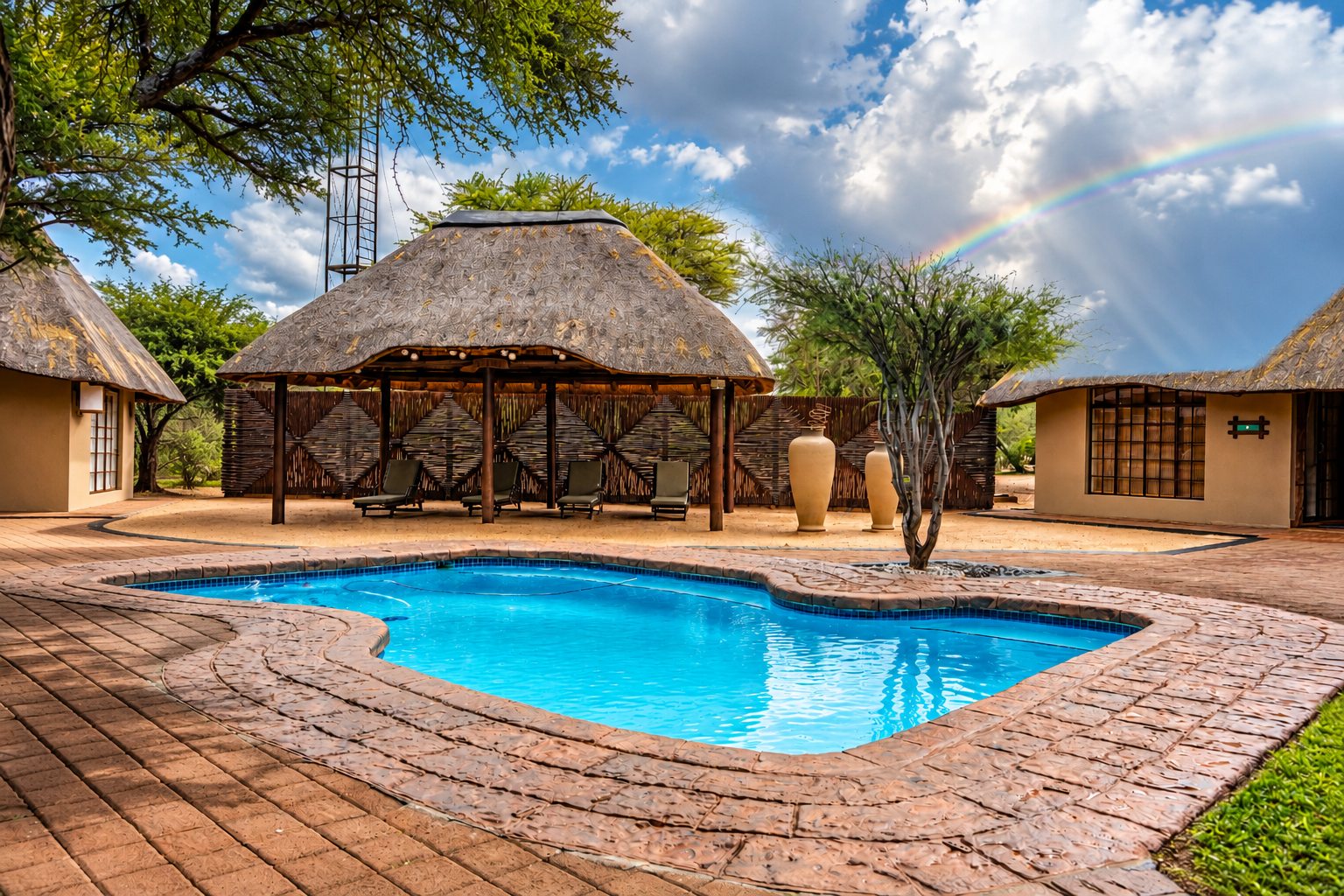 Lodge pool courtyard with rainbow